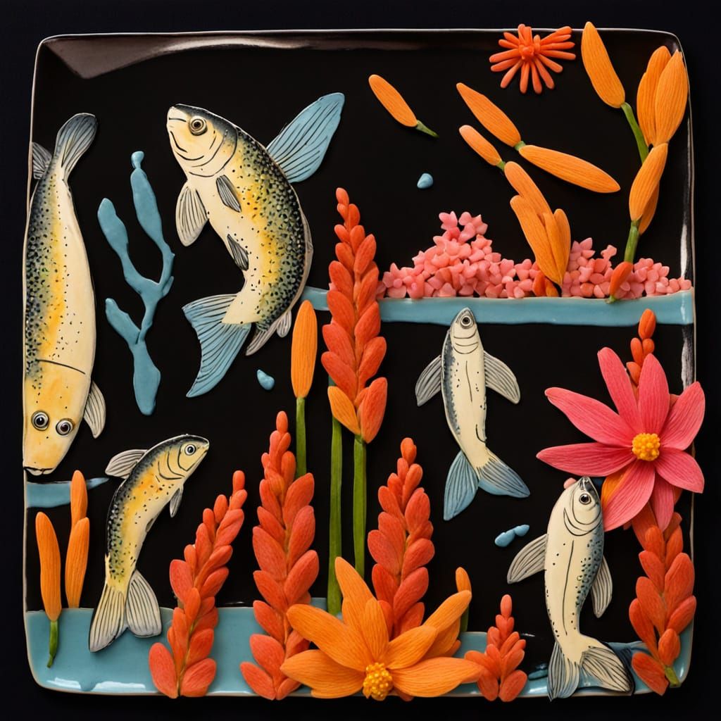 Claymation Trout on Plate with Floral Drawings