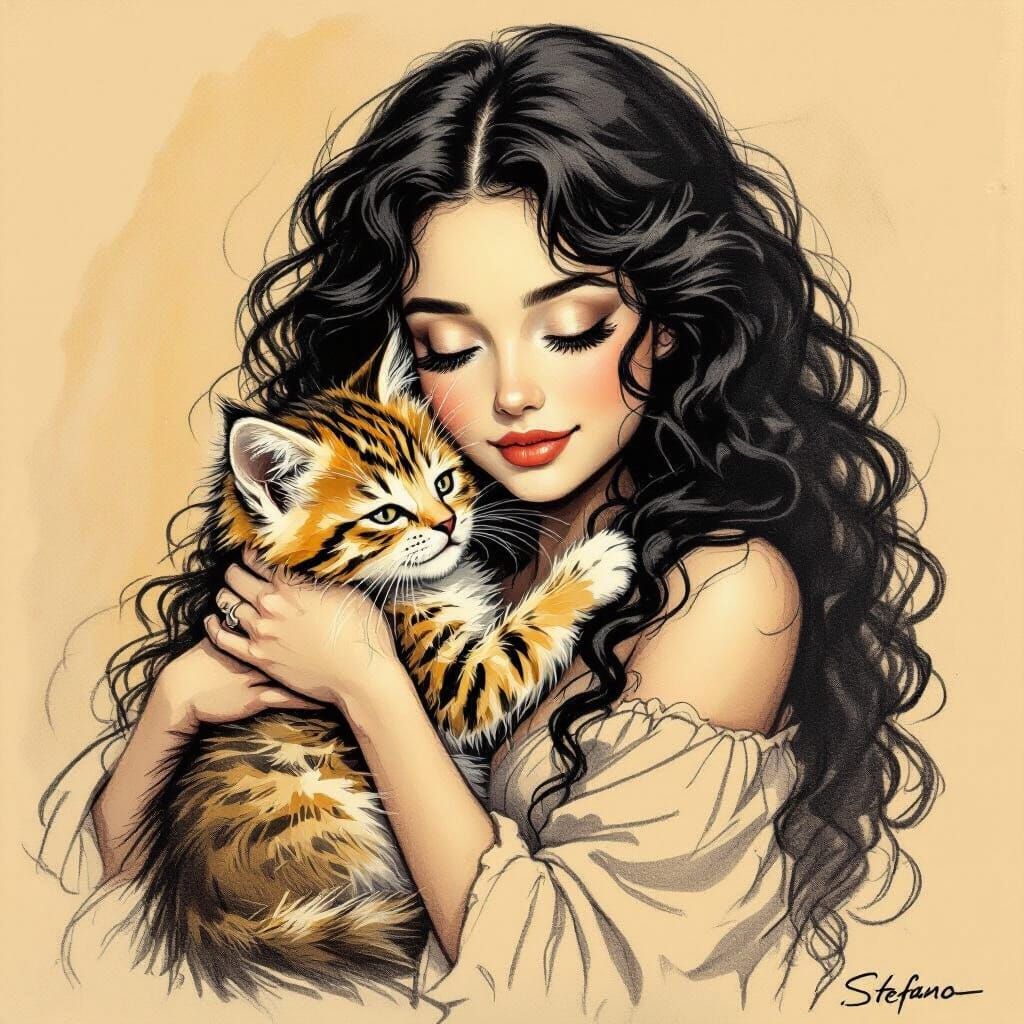 Pencil Sketch of Woman Hugging Kitten in Ochre and Black