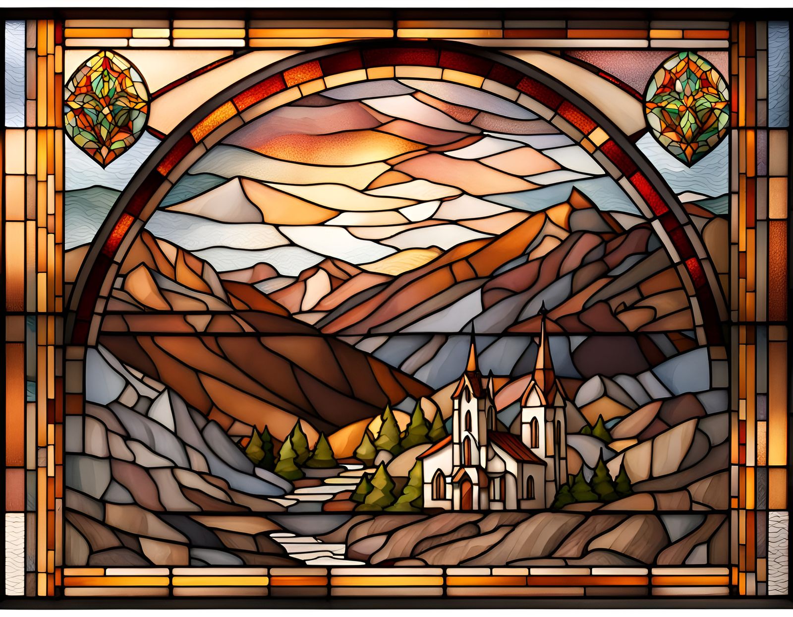 Mountain Church in Stained Glass Window