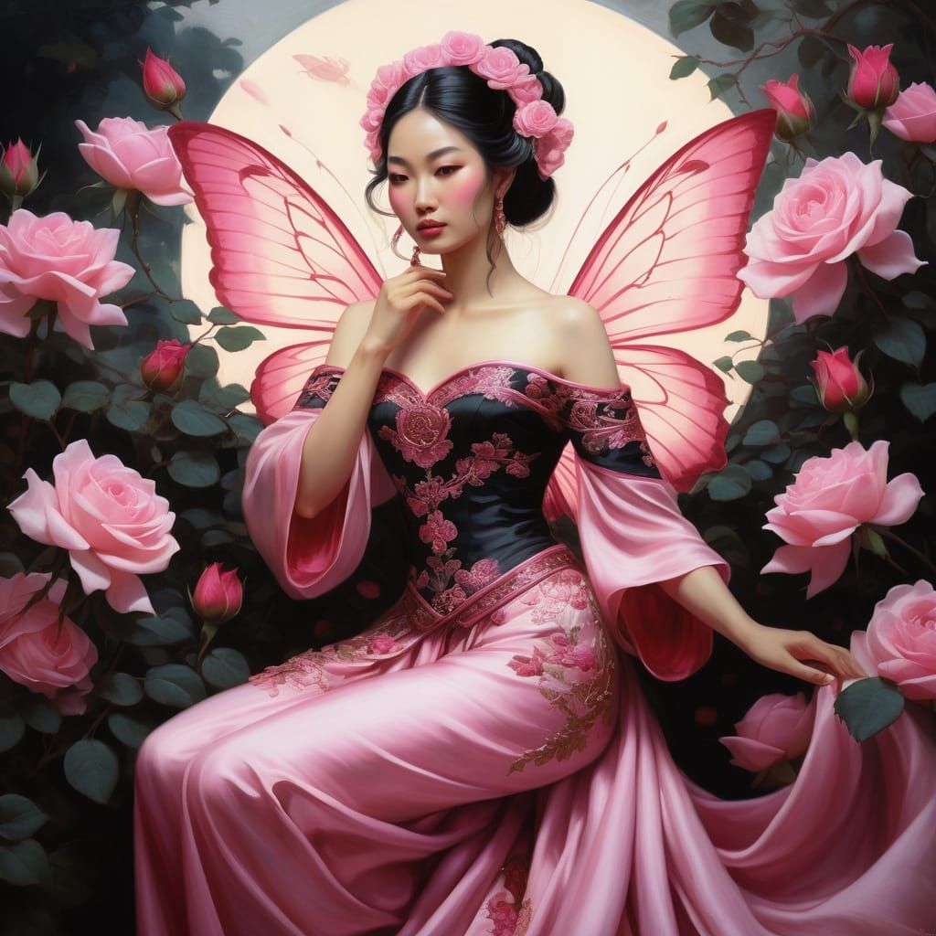 Rococo Painting of Asian Fairy Among Roses