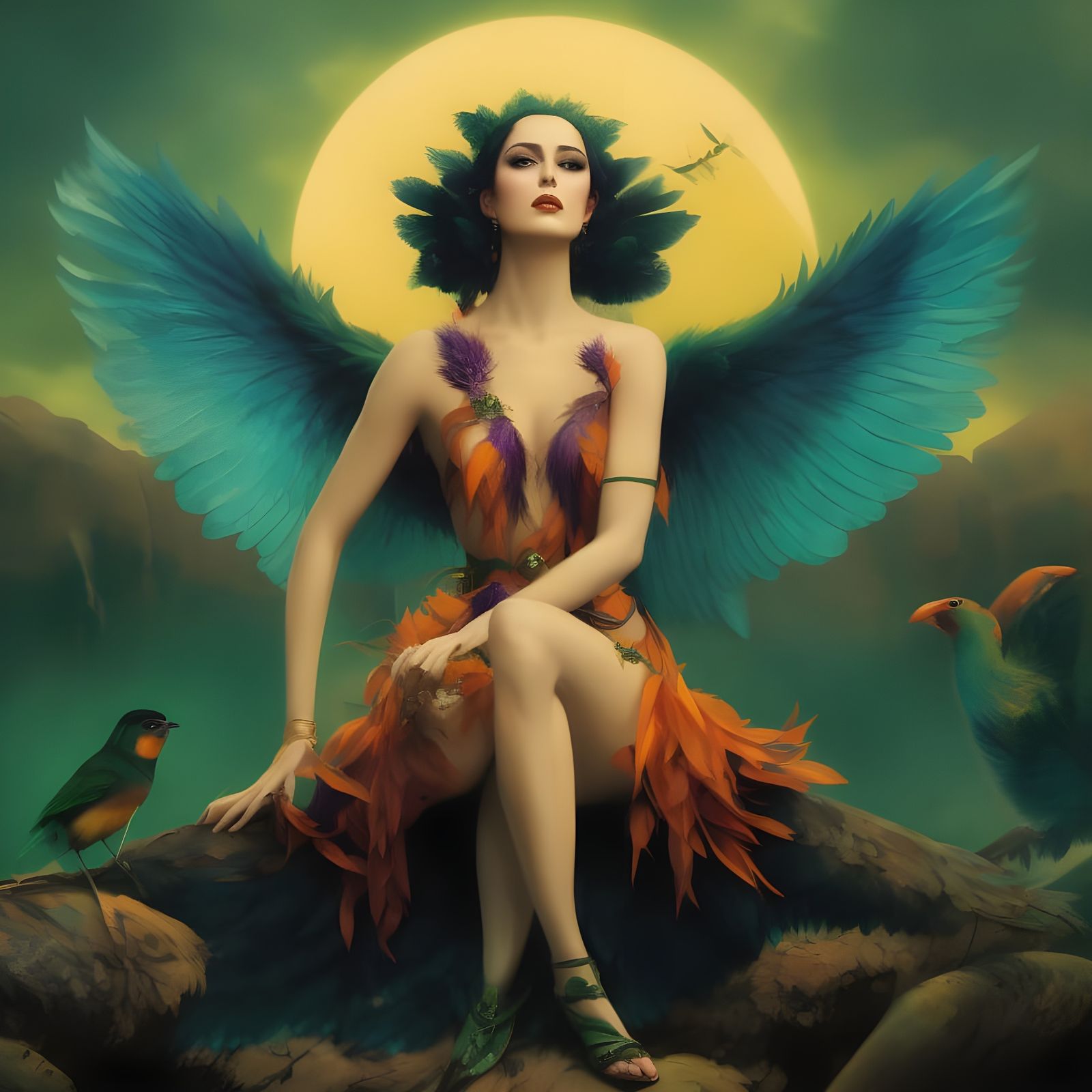 Beautiful Harpy with Feather Dress, in Vorticism Style