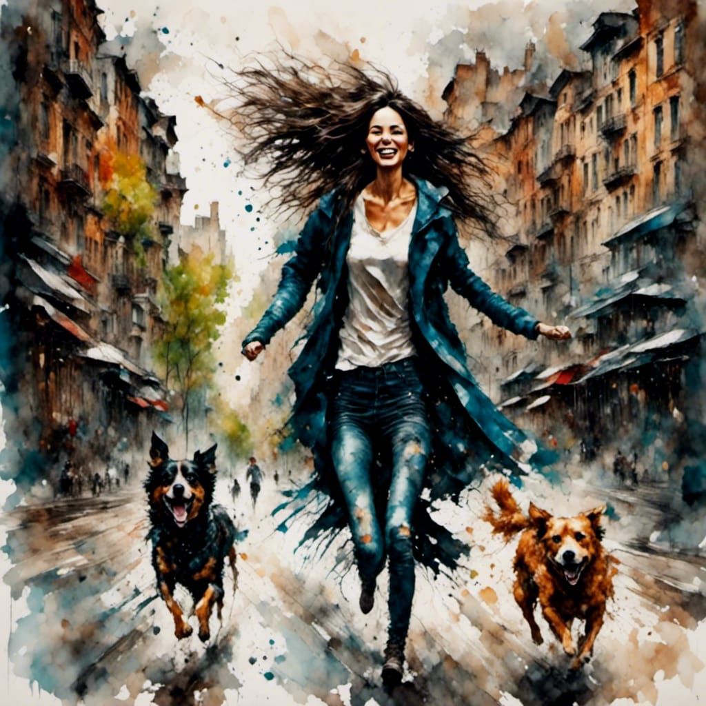 Woman Running with Dog in Urban Grunge Style