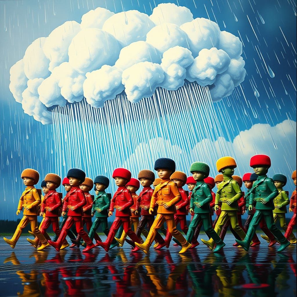 Vibrant Toy Soldiers March in a Surreal Rainstorm