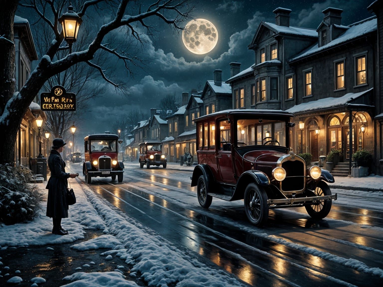 Streets of 1925 city  cars  trucks  night moon
