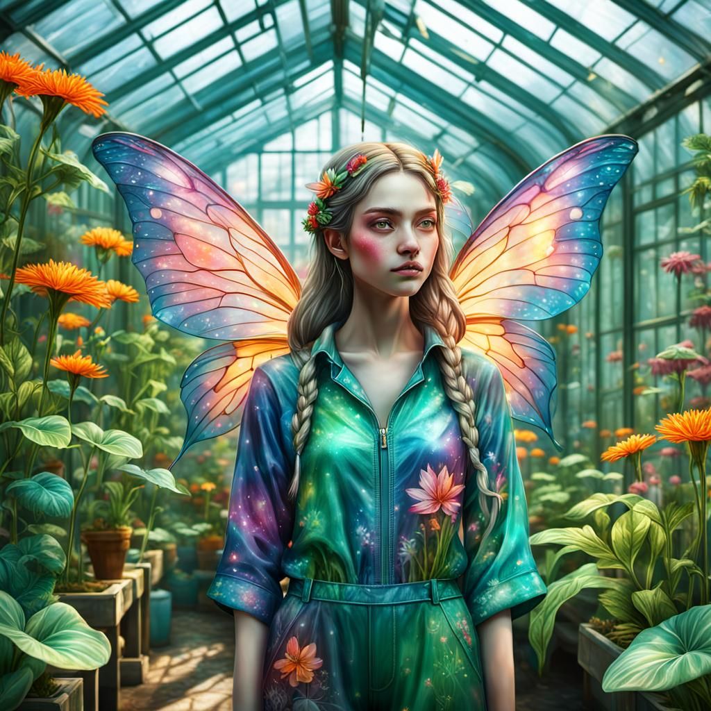 Hyperrealistic Fairy in Greenhouse with Acid Jumpsuit