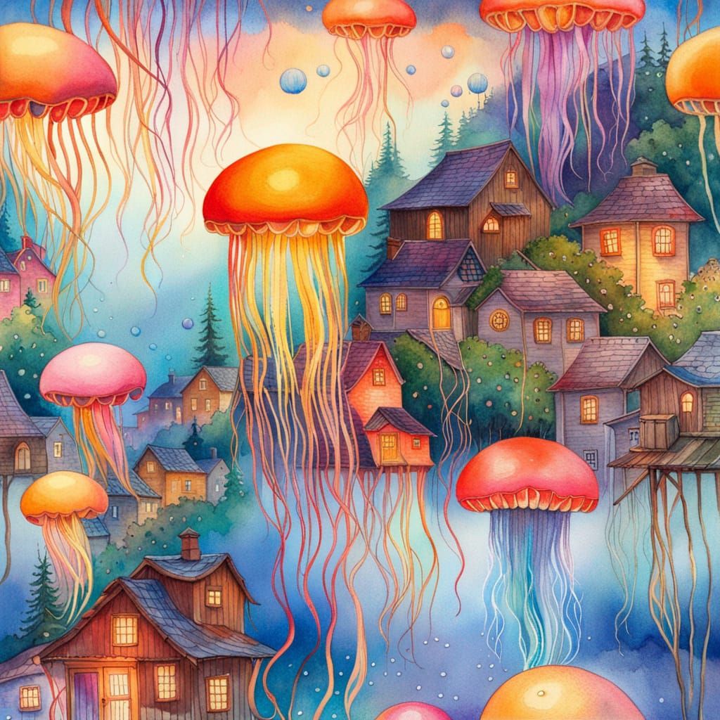 Jellyfish Village: A Watercolor Patchwork Dreamscape