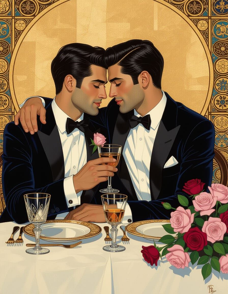 Klimt Inspired Renaissance Painting of Intimate Couple