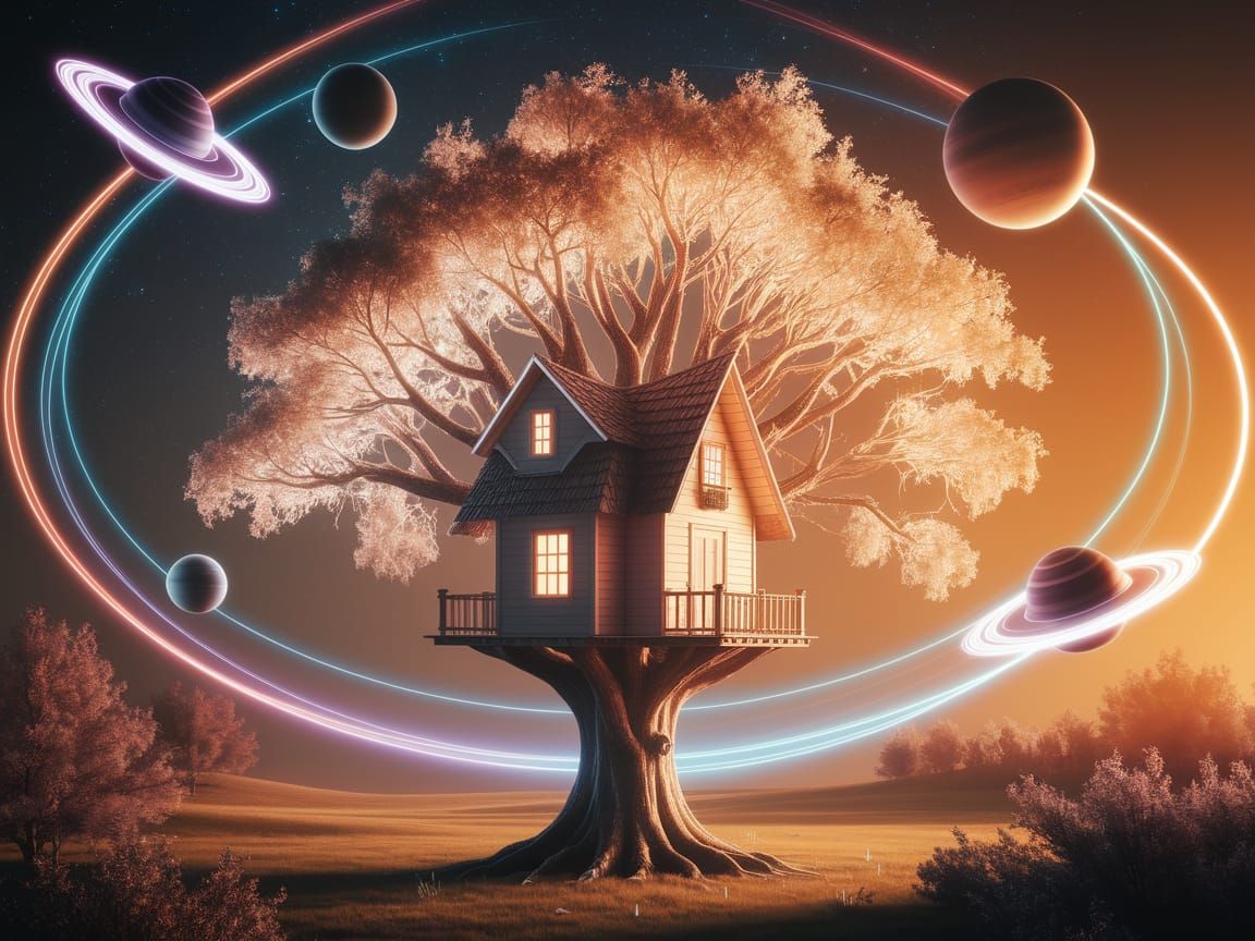 Whimsical Tree House Under Starry Night Sky
