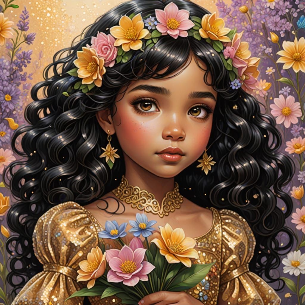 Whimsical Girl with Flowers in Colored Pencil Style