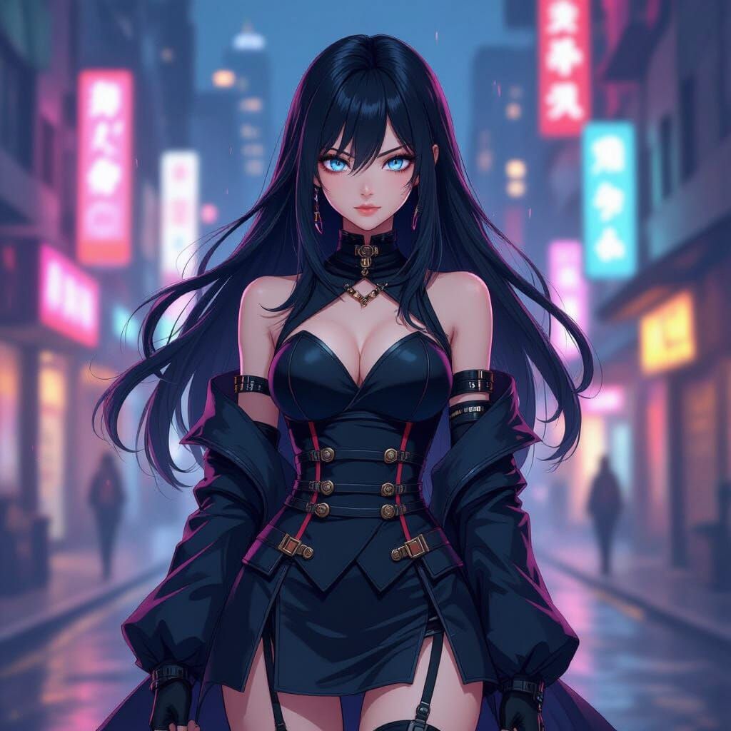 Anime Woman With Black Hair And Blue Eyes