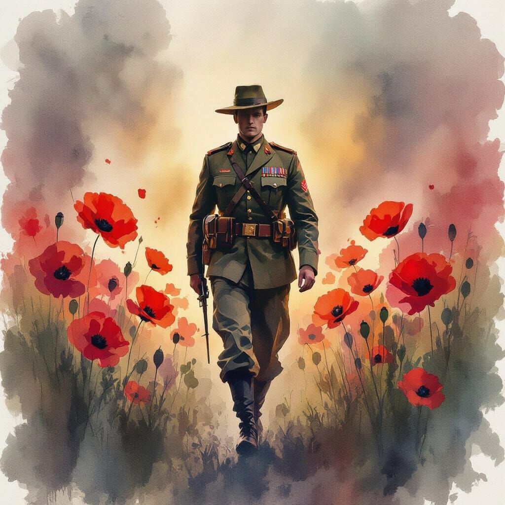 Australian Soldier Marching with Poppies in Watercolor Style