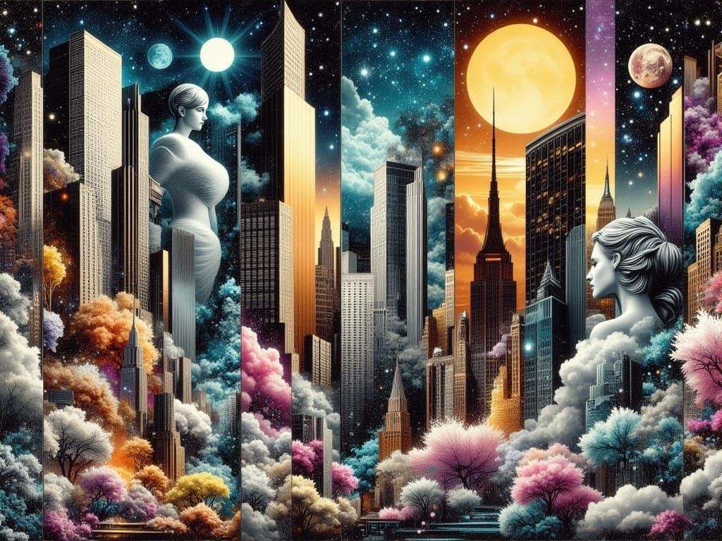 Surreal Cityscape Illustration in Mixed Media