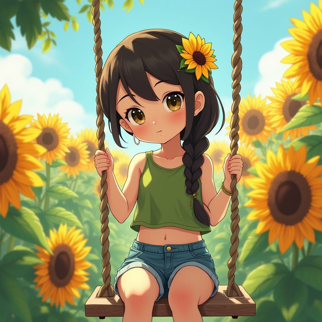 Girl in Sunflower Garden, Manga Style Illustration