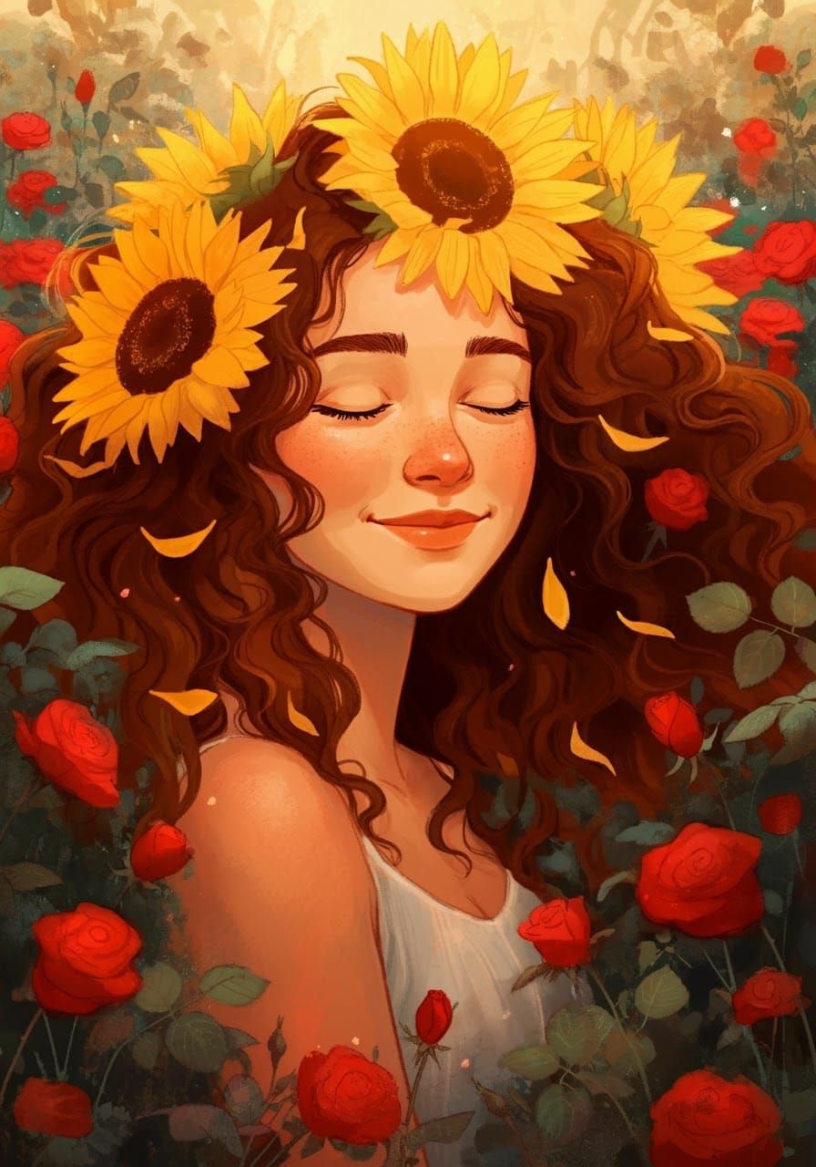Sunflower Girl in Roses, Dreamlike Digital Painting