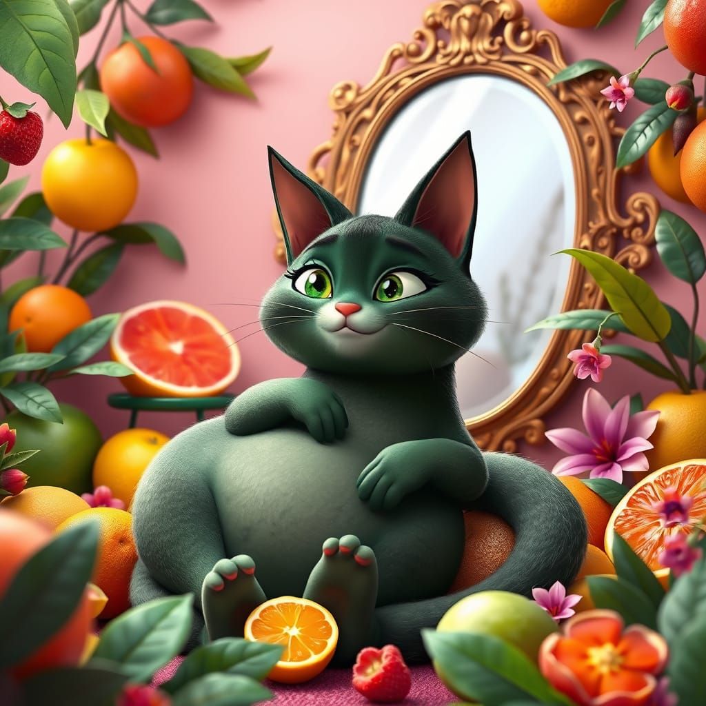 Charming Dark Green Cucumber Cat in a Whimsical Fruit Studio