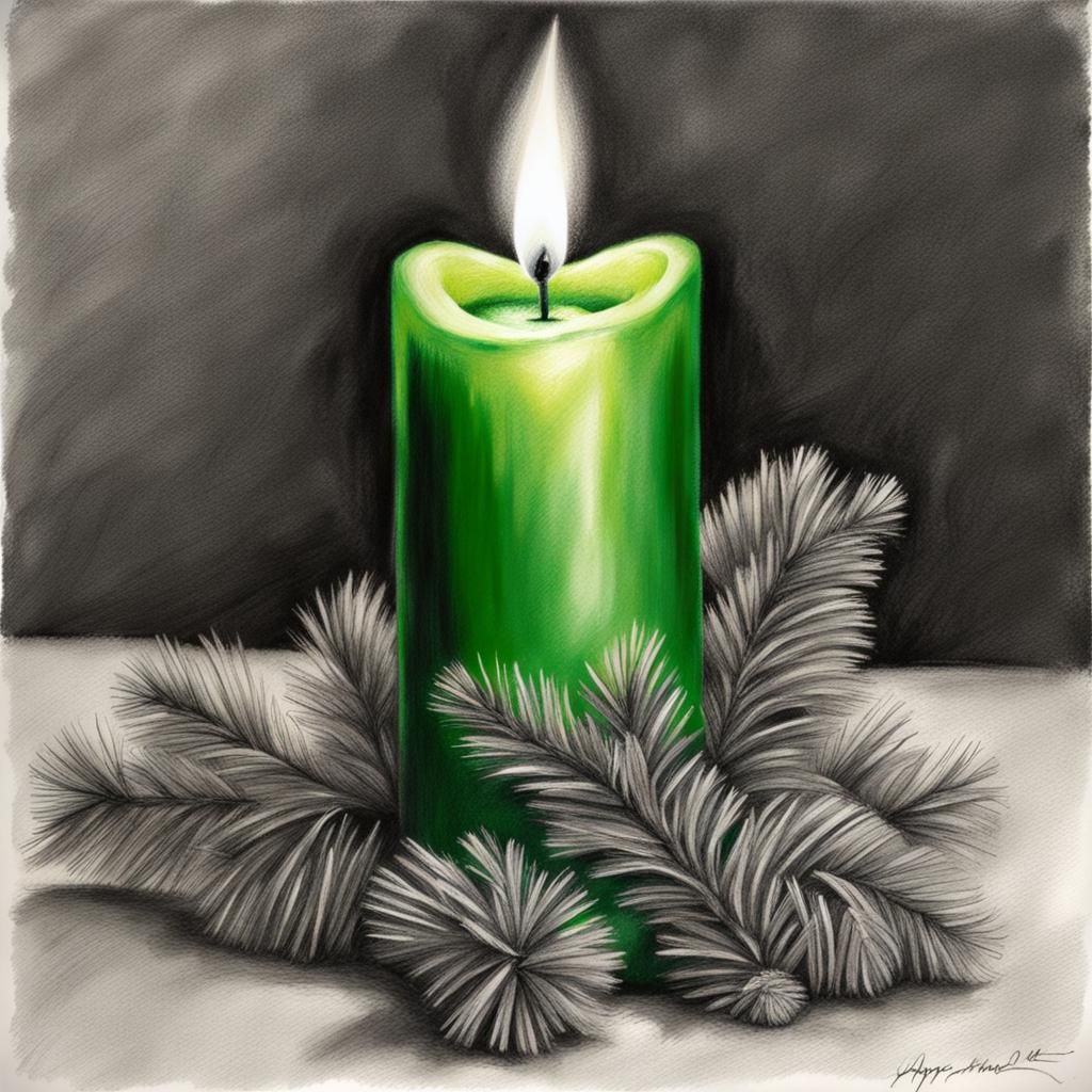Hyperdetailed Charcoal Drawing of Green Christmas Candle