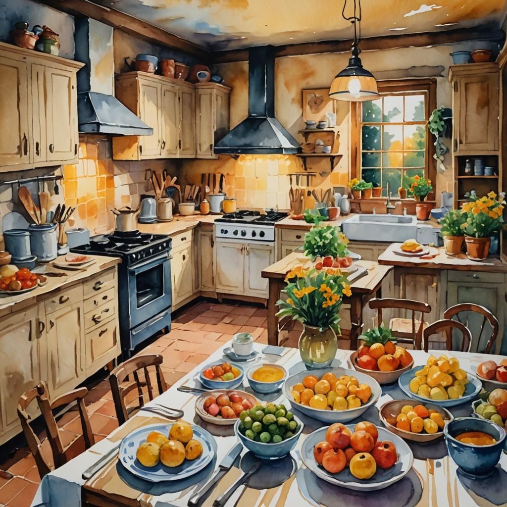 Cozy Farmhouse Kitchen in Impressionist Watercolour Style