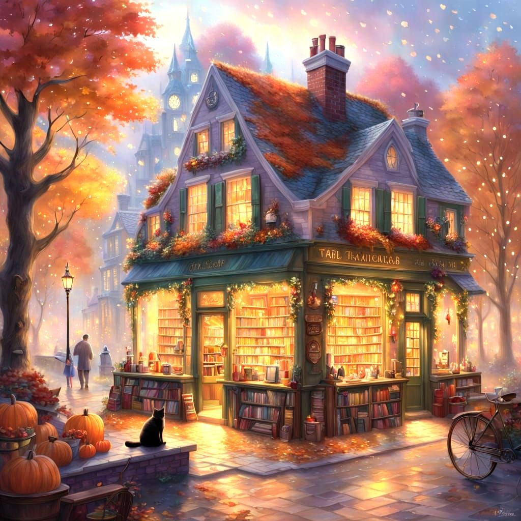 Romantic Bookshop Scene in Kinkade Style