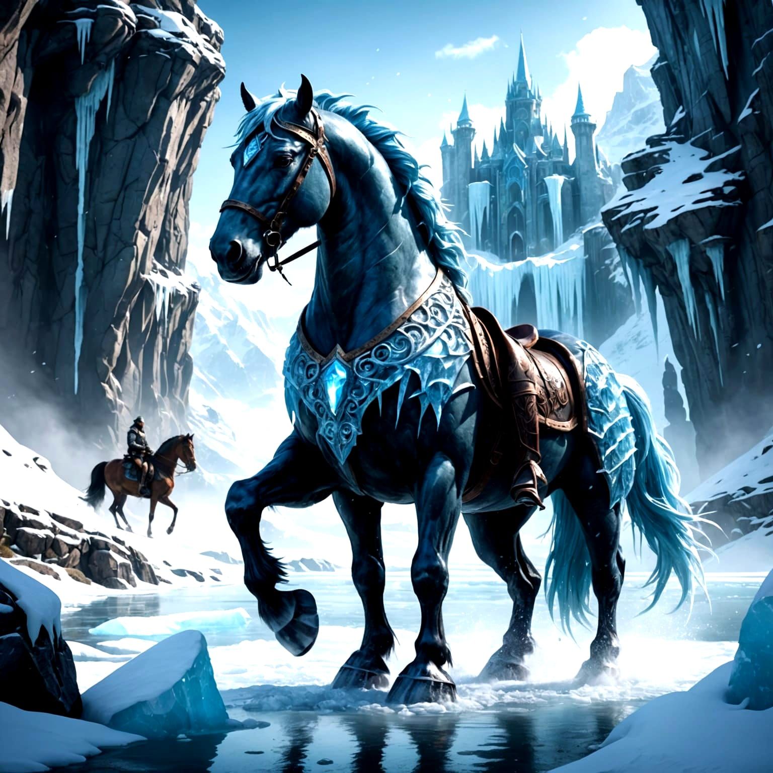 Icy Horse and Castle: Detailed Fantasy Art