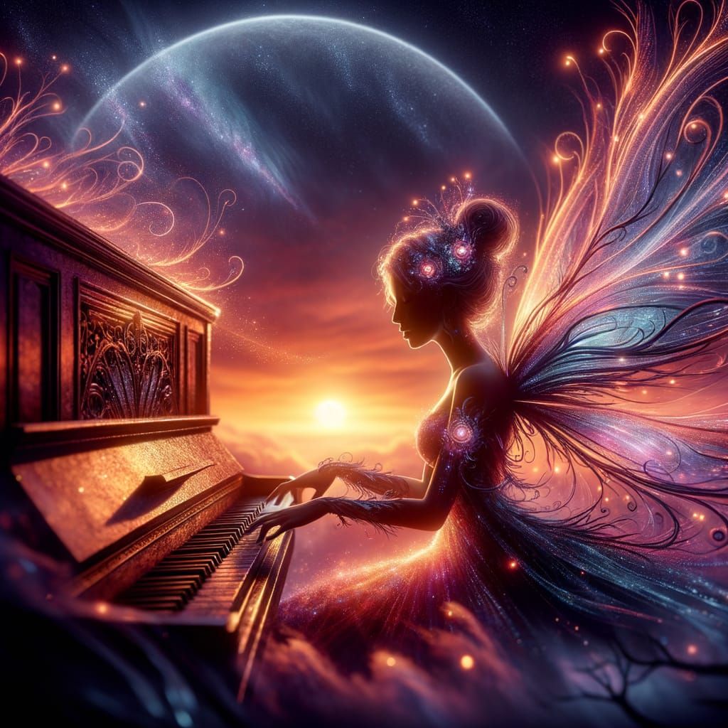 Fairy Plays Piano Under Sunset Silhouette