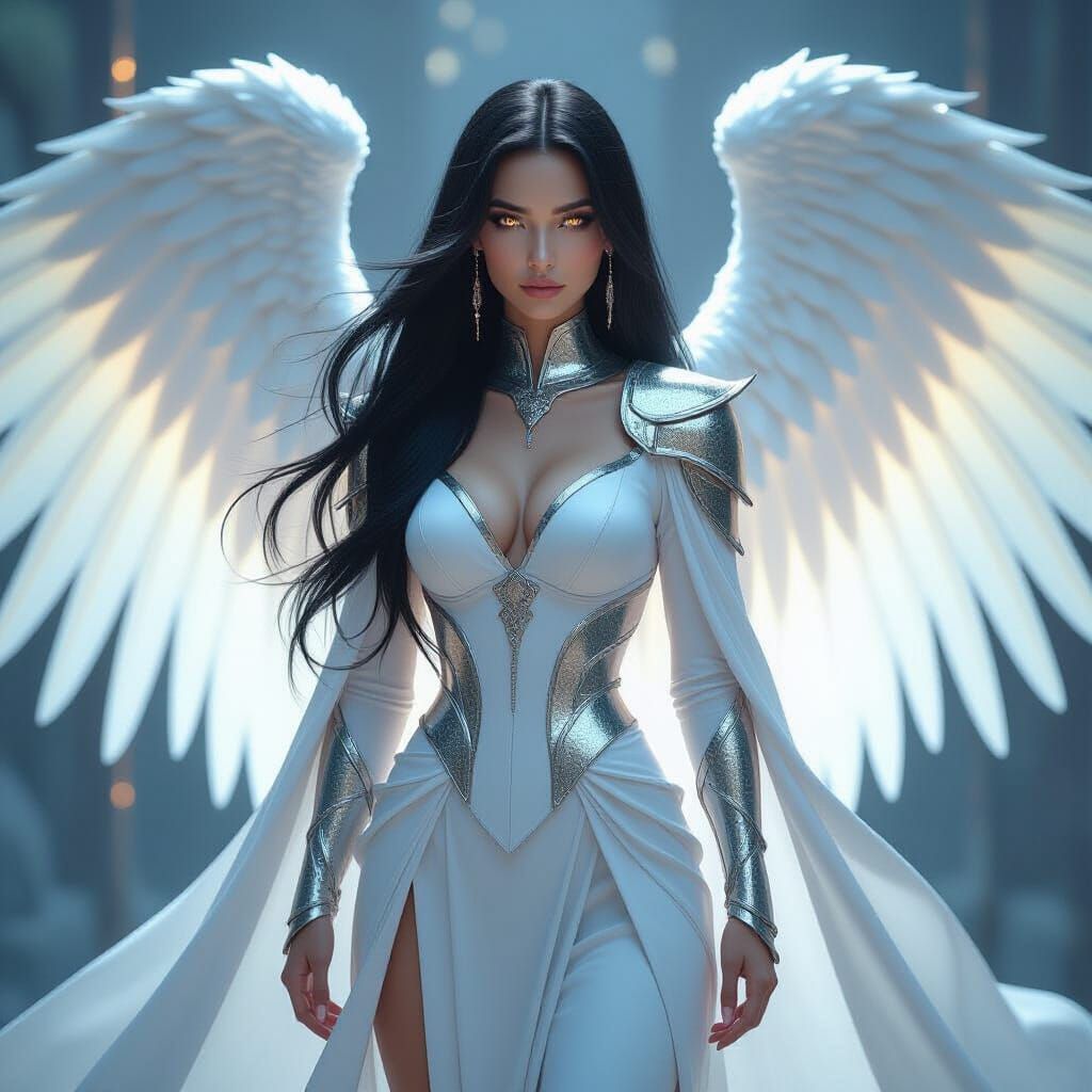 Metallic Angel with Glowing Eyes in Digital Art Style