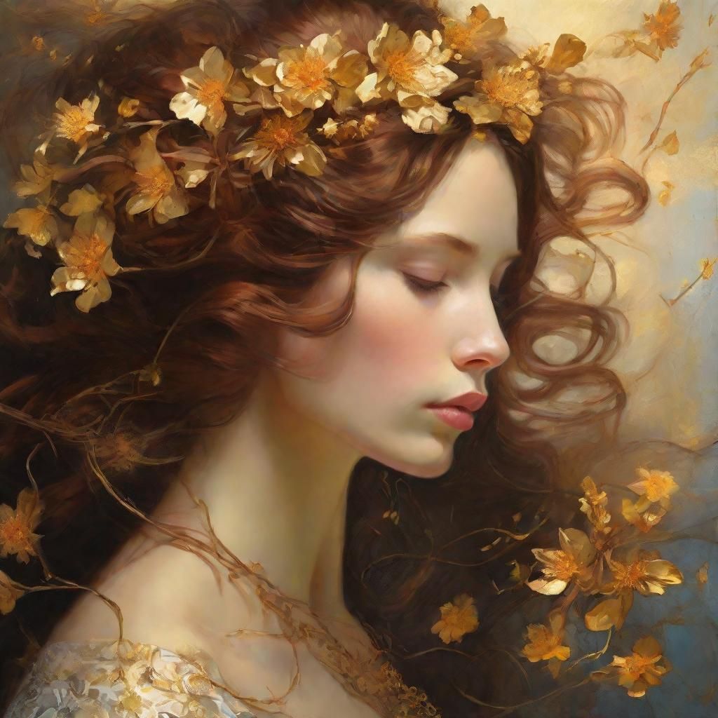 Woman with Golden Flowers: Digital Fantasy Portrait