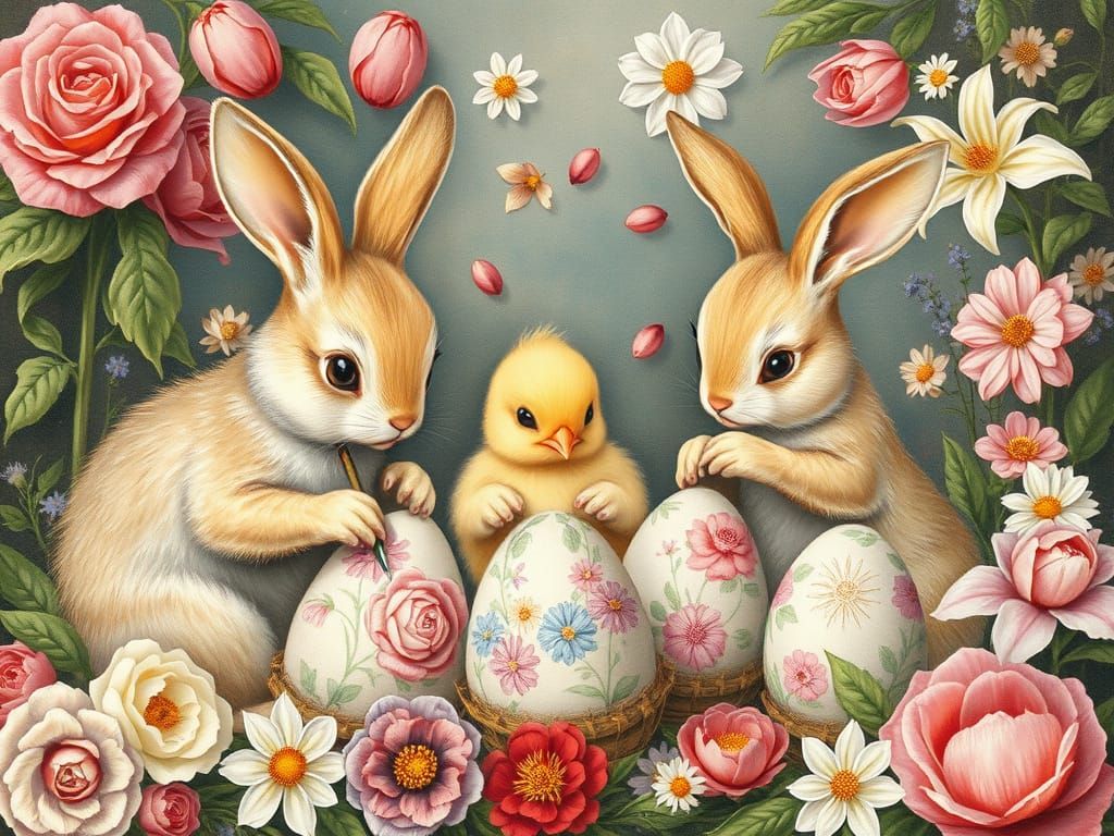 Whimsical Easter Bunnies Painting Floral Eggs