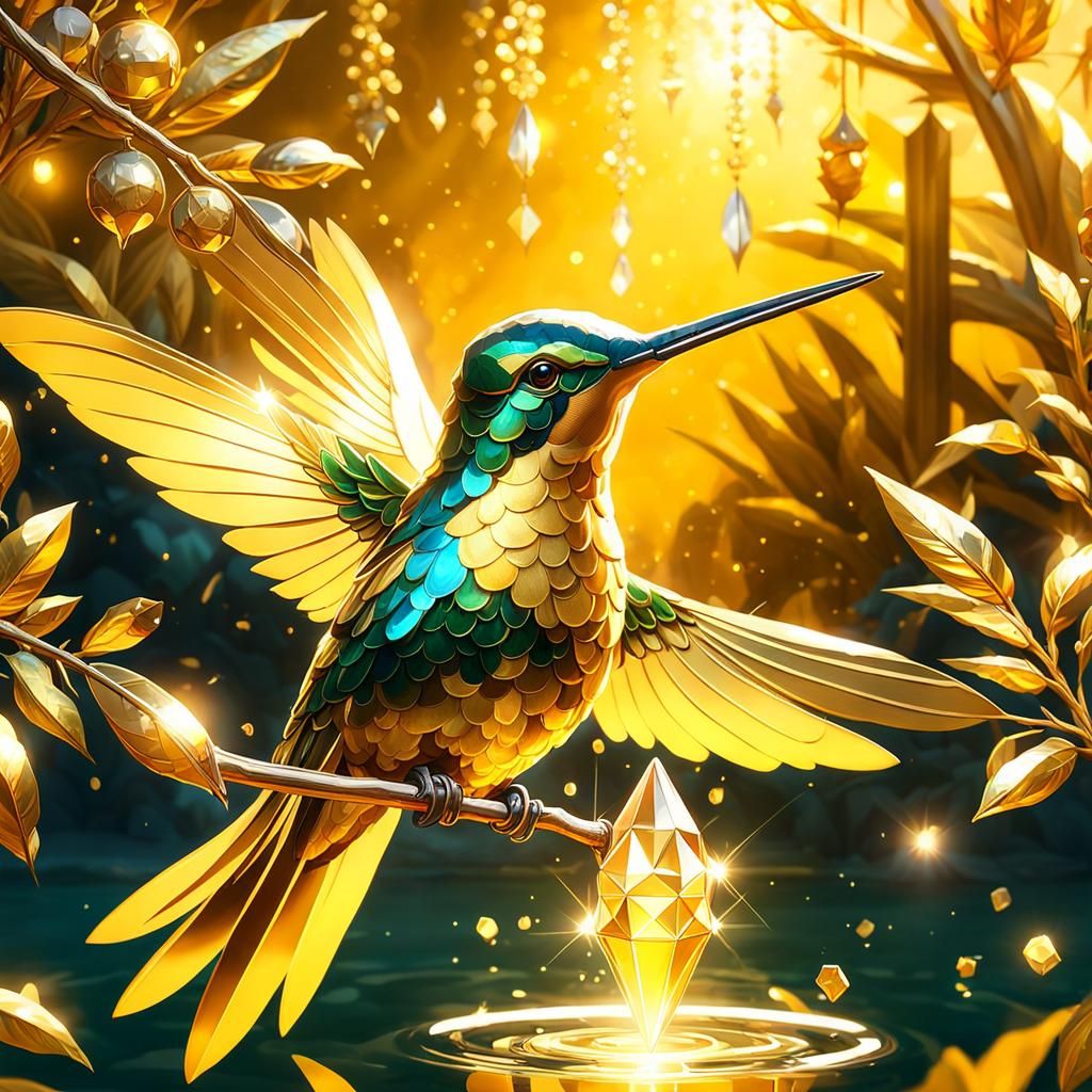 Golden Crystal Hummingbird, Watercolor Art