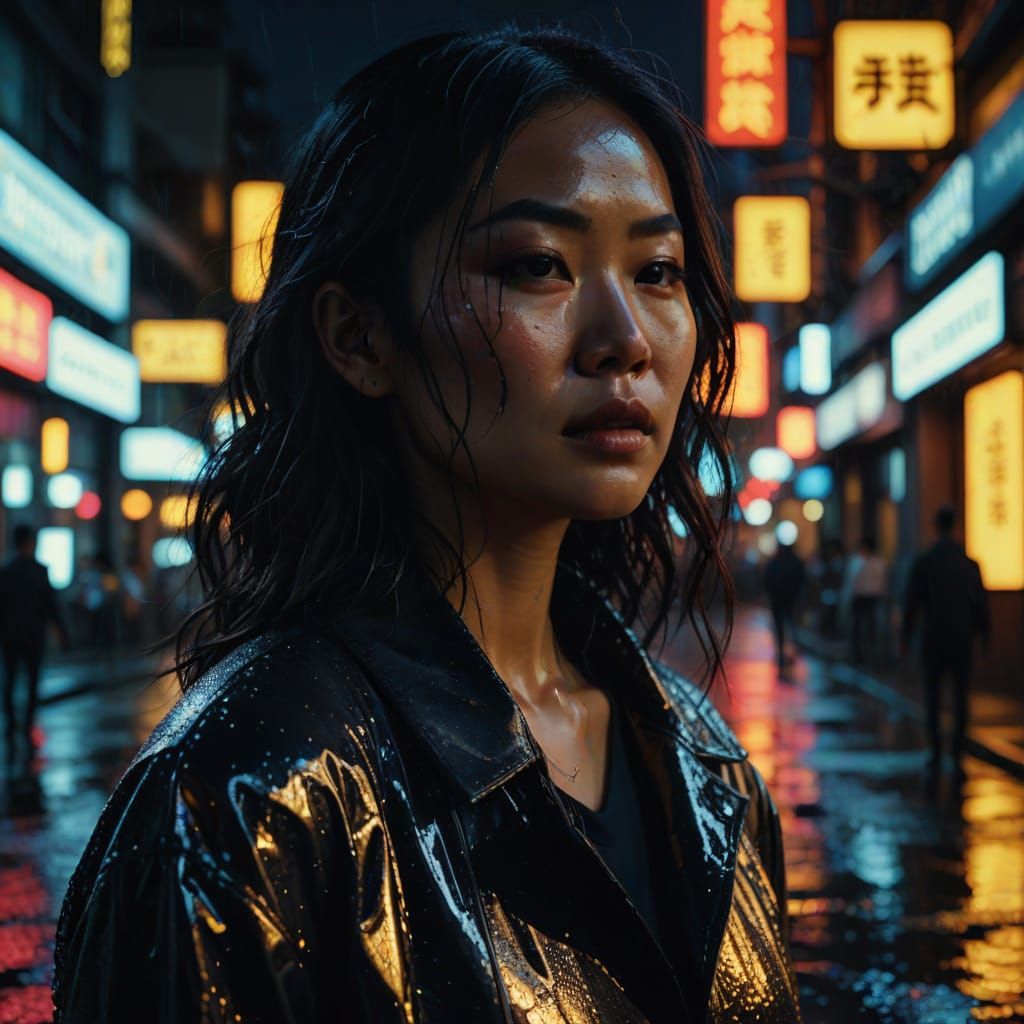 Asian Woman in Neon City Rain: Cinematic Still