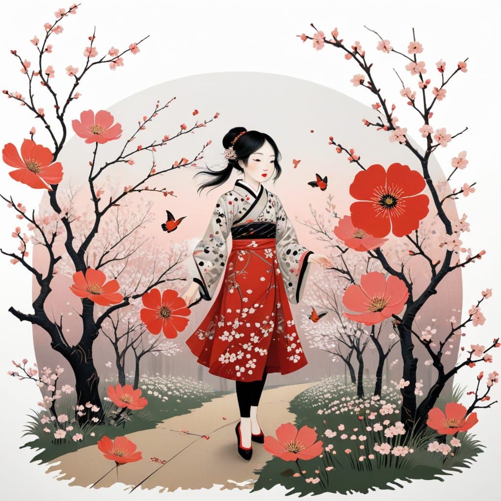 Spring Blossom Path with Lanterns and Silk Screen Art