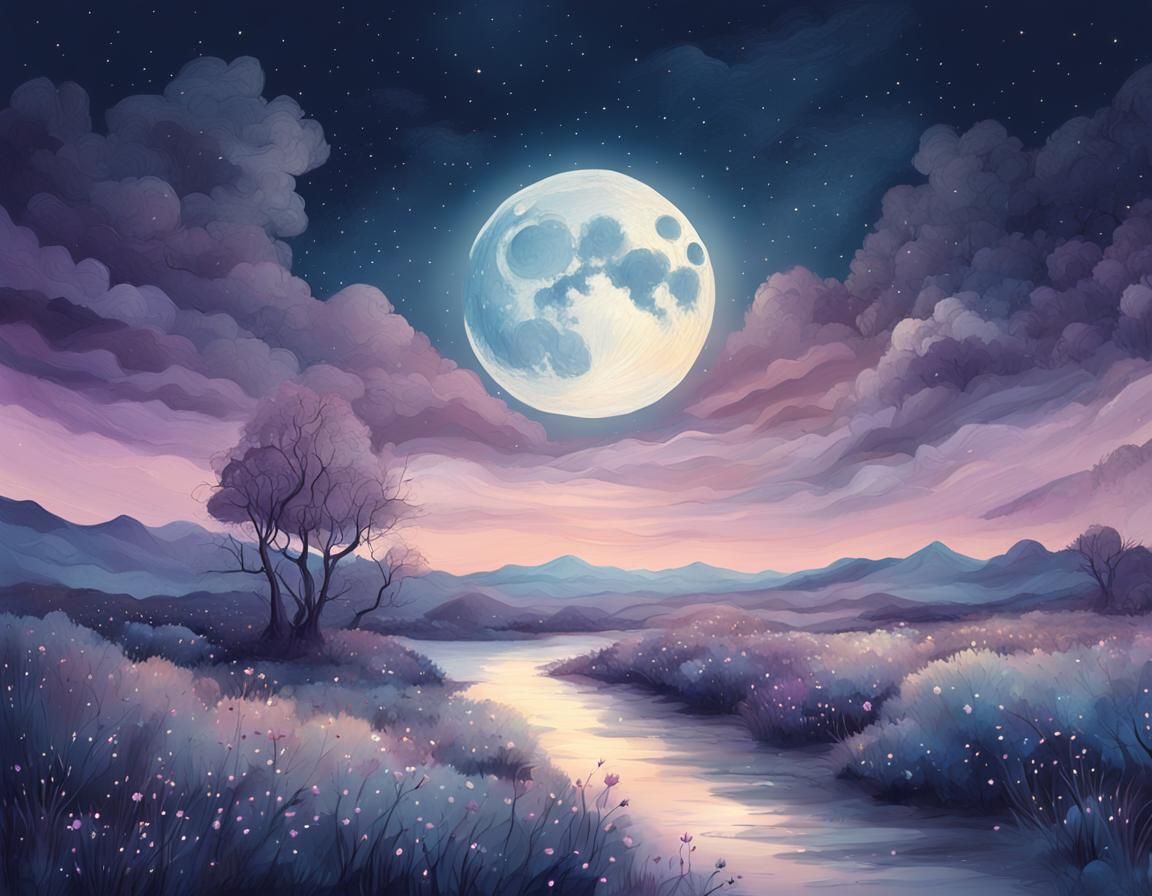 Glowing Full Moon in Watercolor Style