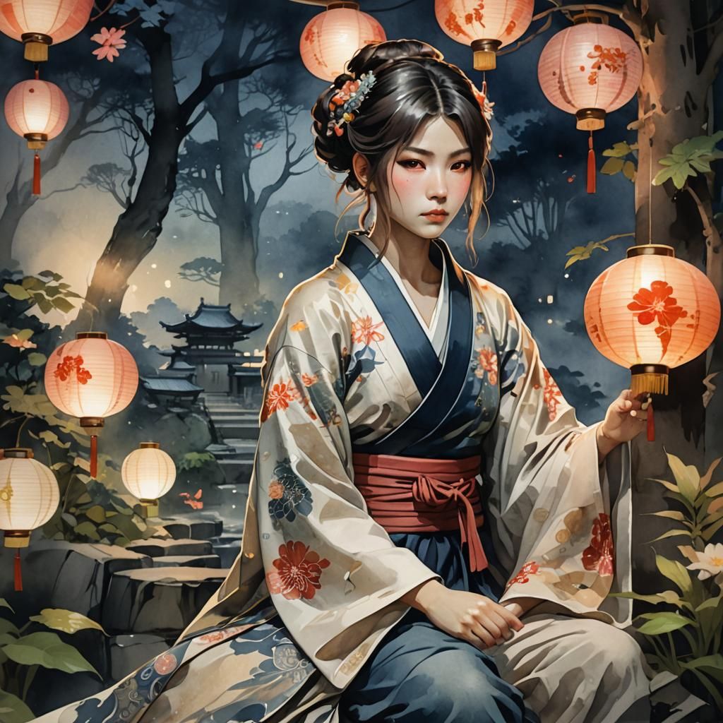 Defiant Geisha in Japanese Garden as Watercolor