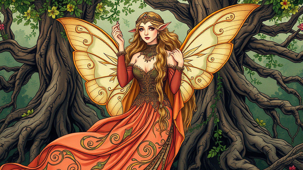 Elegant Elven Queen in Art Nouveau Style