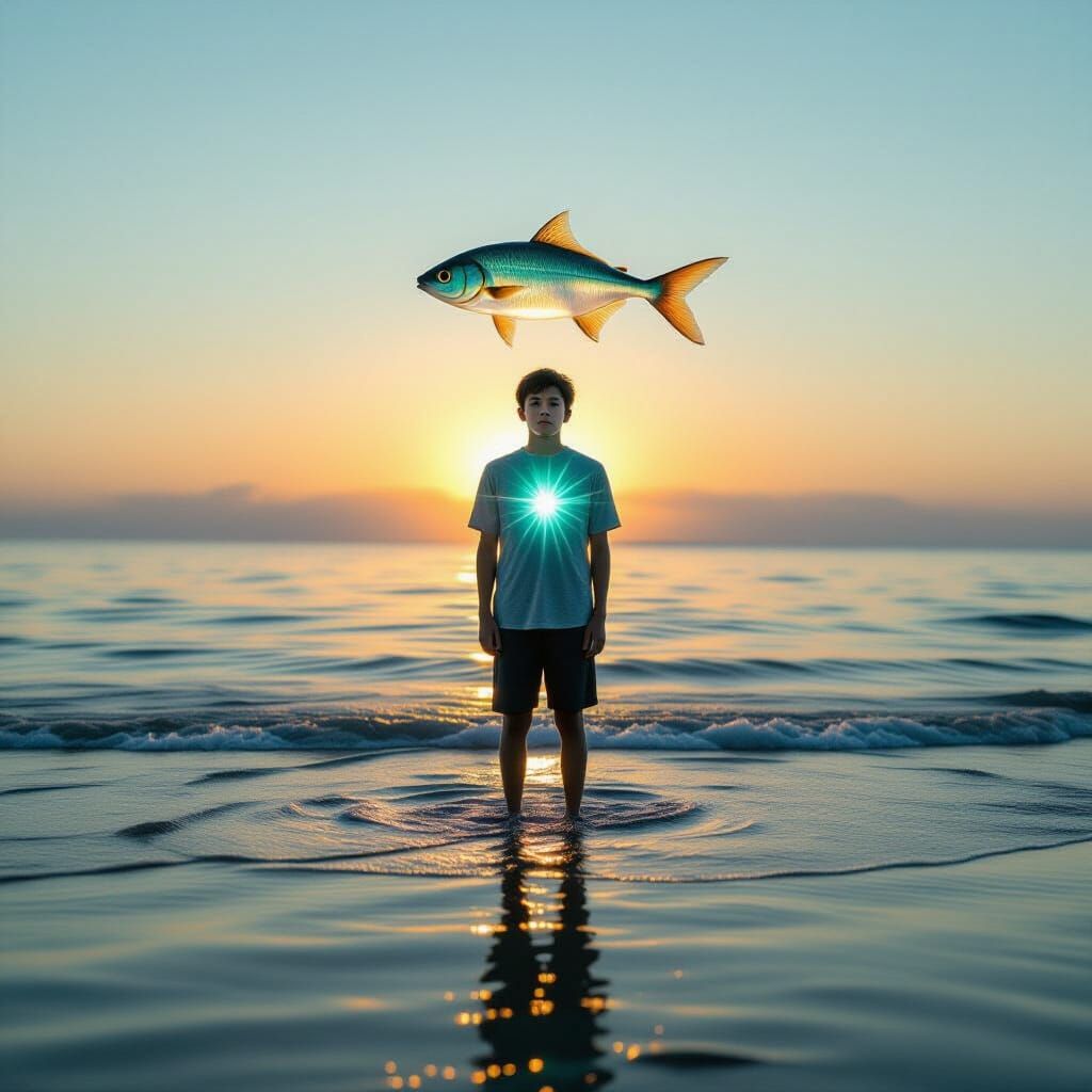 Ethereal Boy with Translucent Fish Leaping