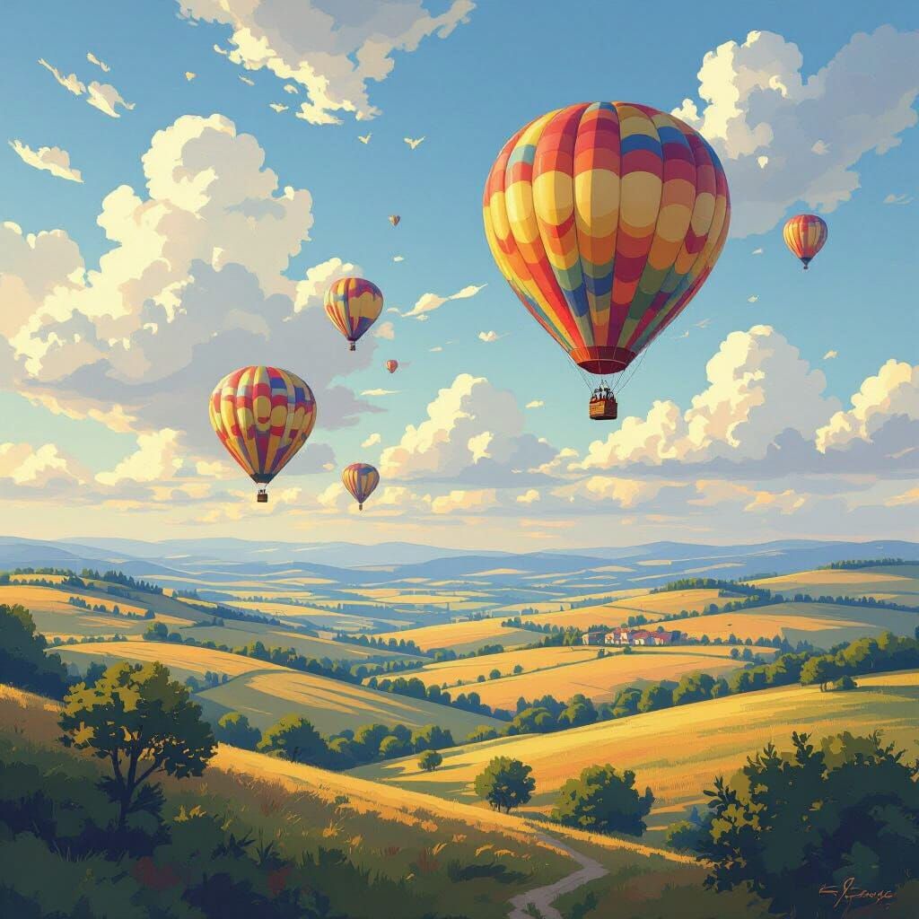 Hot Air Balloons Over Rolling Hills in Impressionist Style