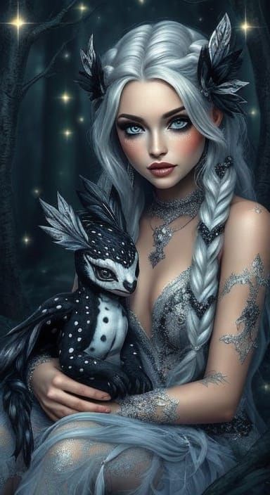 Whimsical Woman with Chimera in Mystical Forest