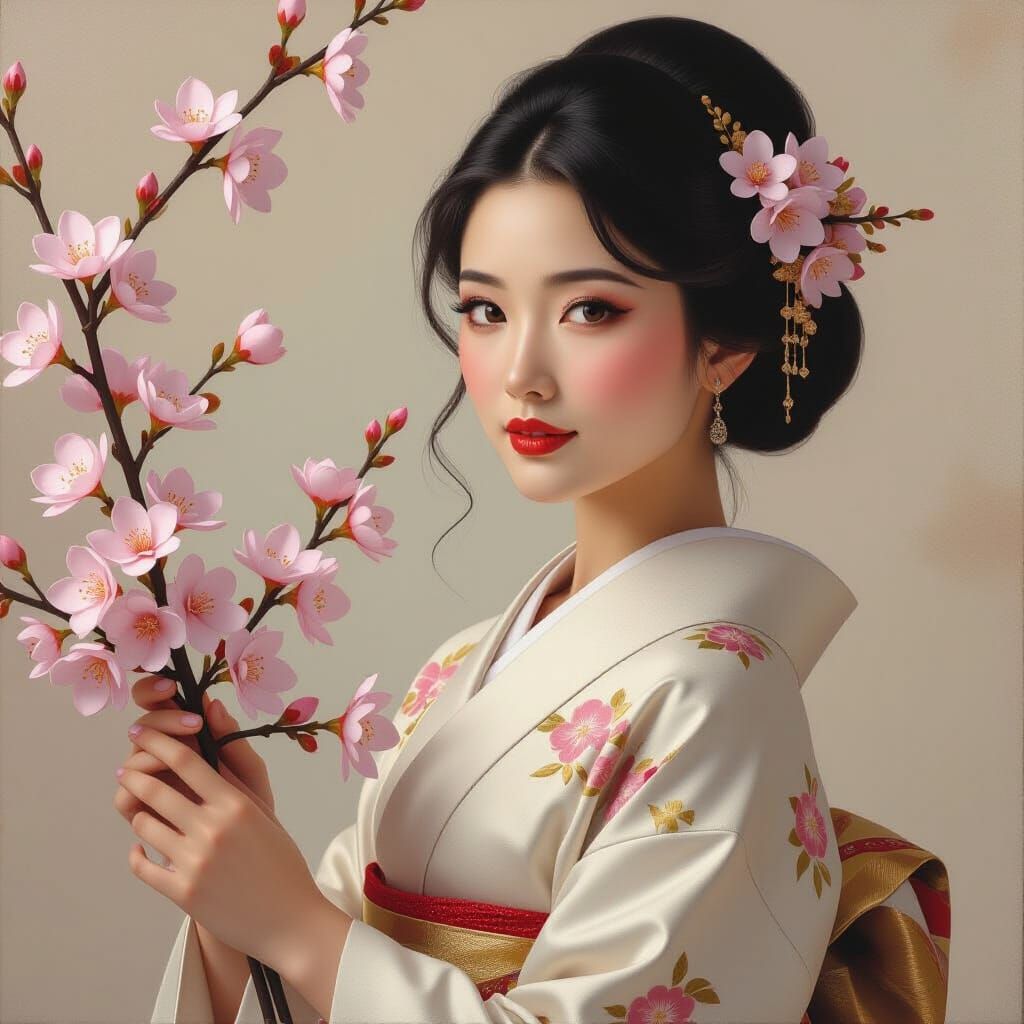Oil panting,of a Japanese woman, detailed aligning elements with expressive features, of the shoulder cream kimono white...