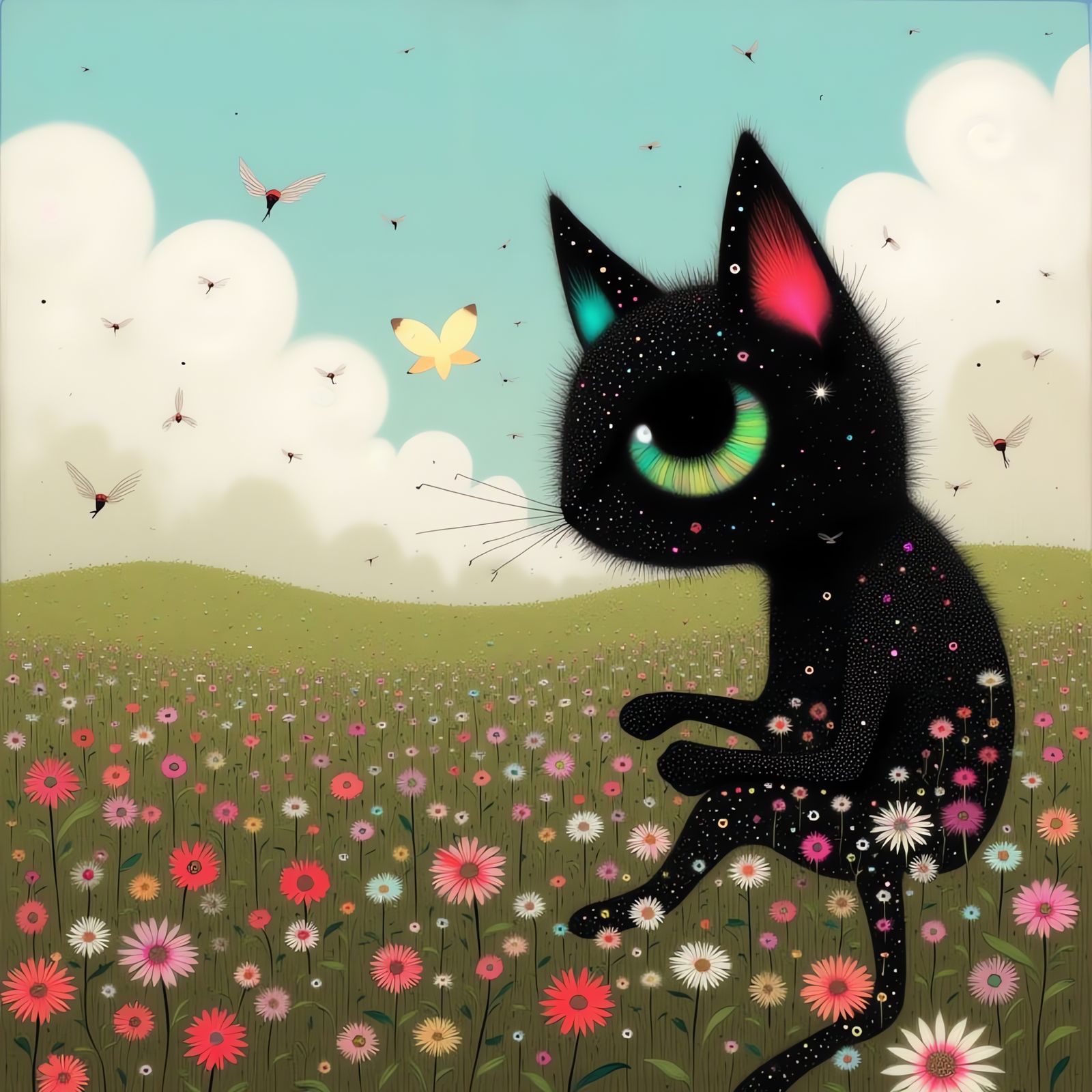 Cat in Wildflower Field: A Serene Portrait