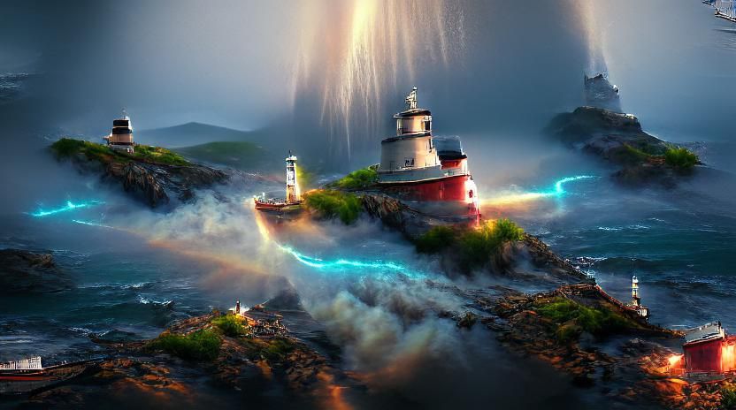 Lighthouse in Lightning Storm: 3D Rendered Concept Art