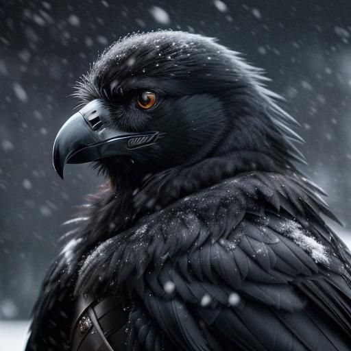 Hyperrealistic Raven Portrait in Snowy Landscape