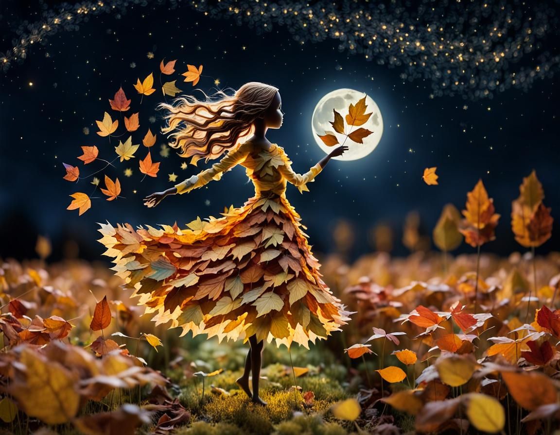 Dancing Autumn Woman Leaf in Flower Field