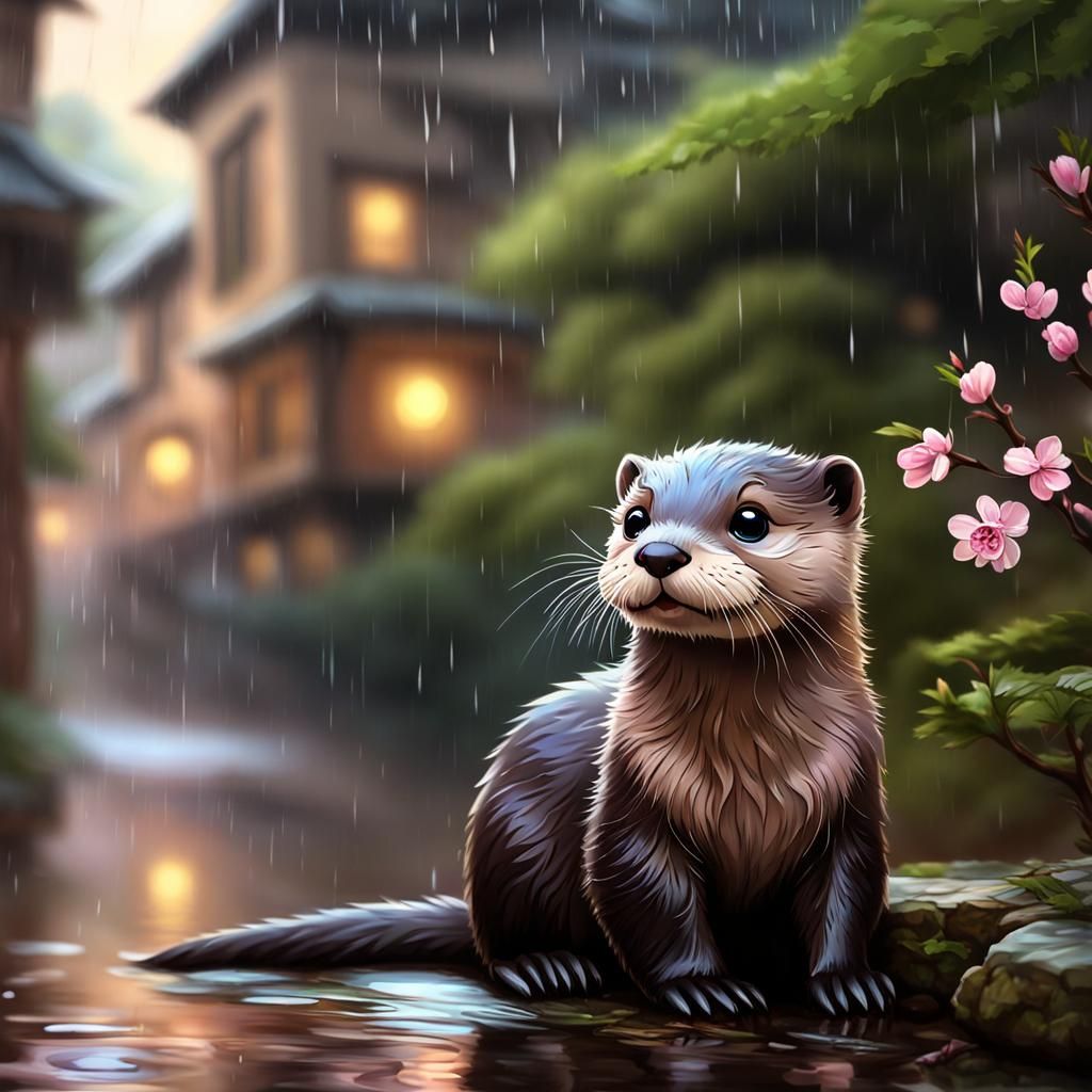 baby otter waiting waiting in the rain