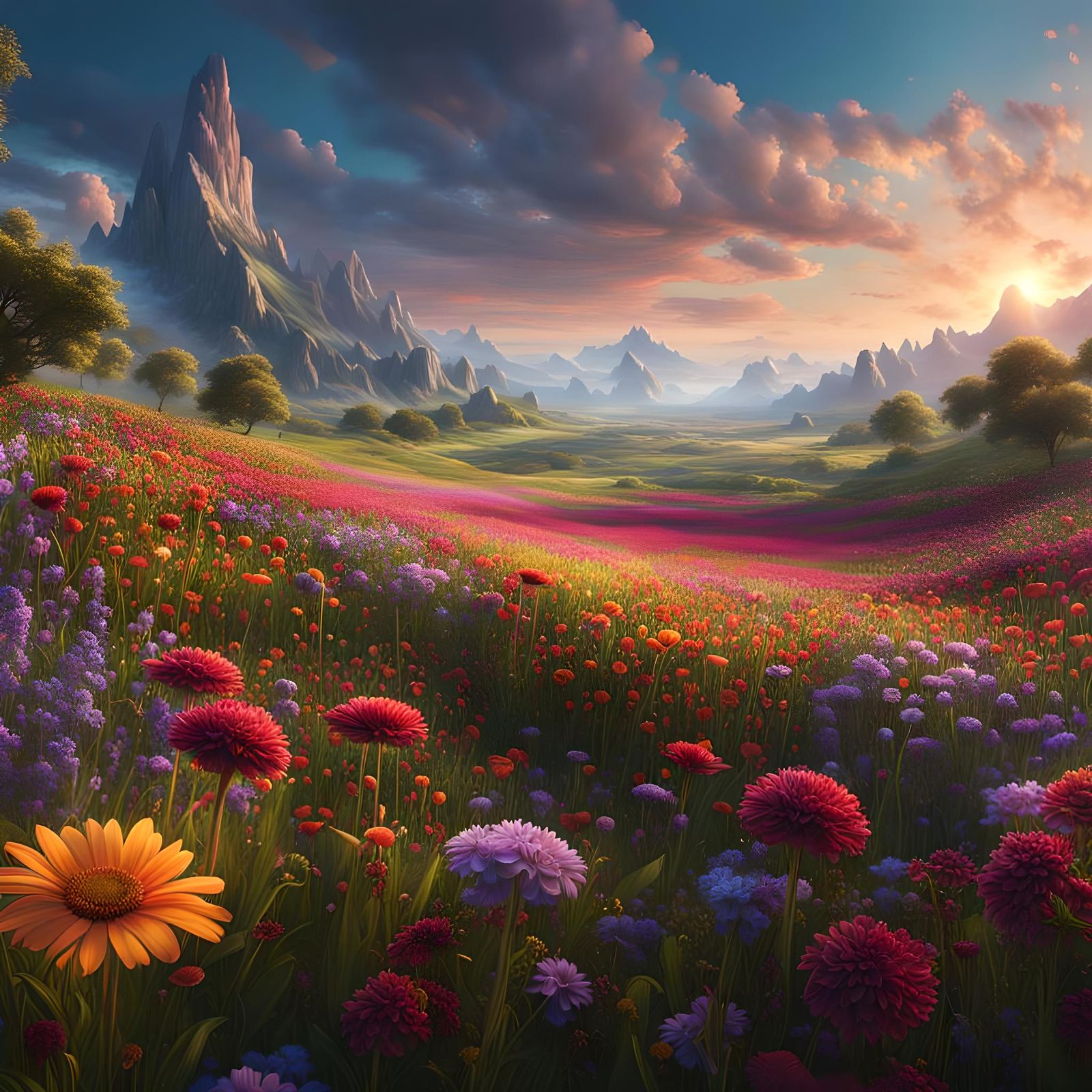 Fantasy Flower Meadow in Detailed Matte Painting