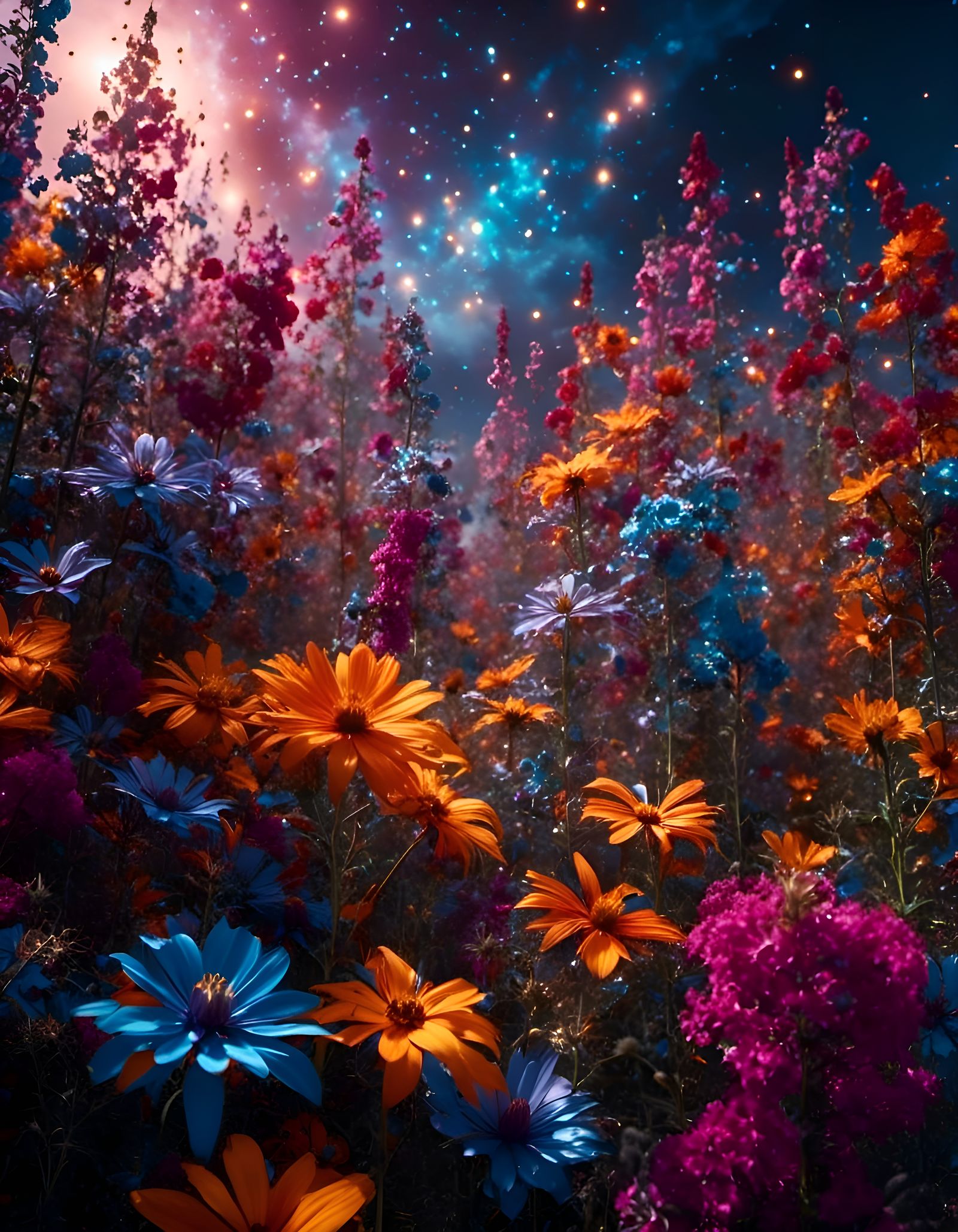 Explosion of Backlit Darkly-Colorful Flowers