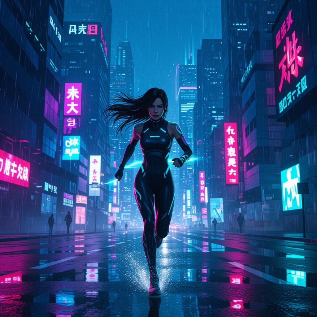 Woman Running Through Neon Cyberpunk City at Night