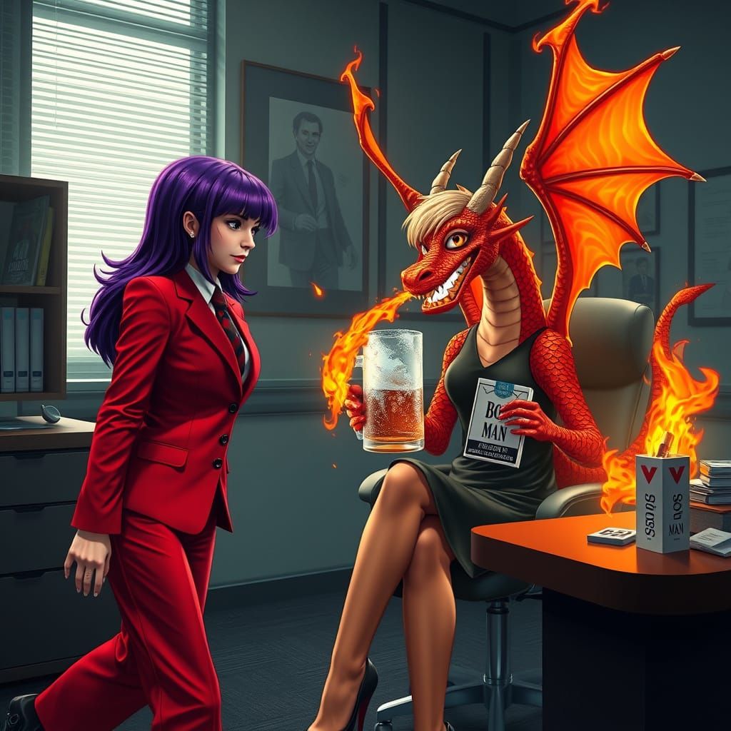 Goth Girl and Fire Dragon in Office, Photorealistic Style