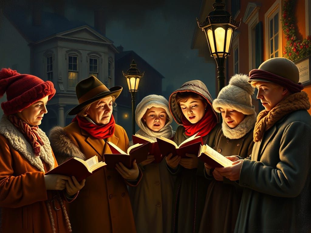 Victorian Christmas Carollers Sing Under a Warm Street Lamp