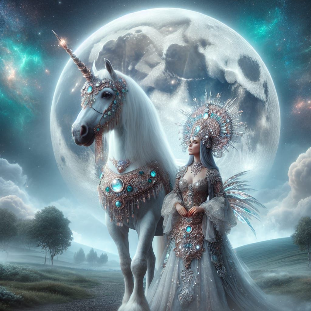 Majestic Unicorn and Queen in Ethereal Landscape