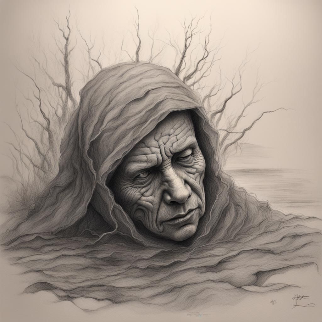 Pencil Sketch of a Crushed Soul in Despair