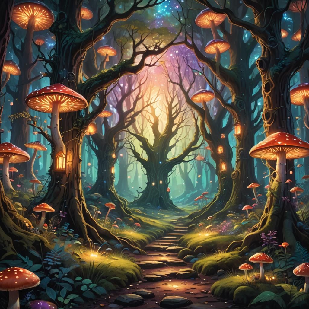 Mystical Glowing Mushroom Forest with Portal, Oil Painting